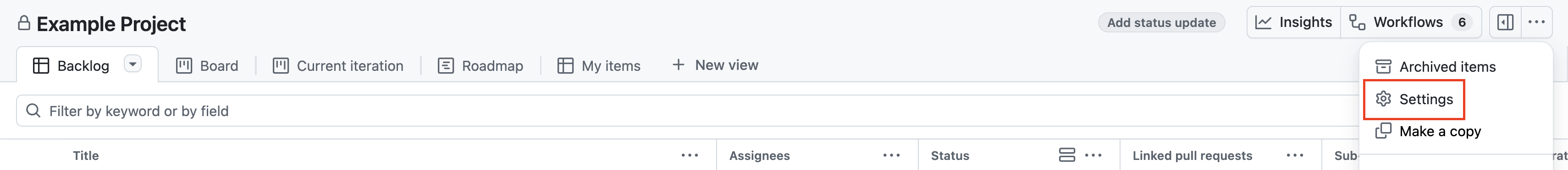 Screenshot showing the location of the "Settings" button in the project menu, highlighted with a red outline.