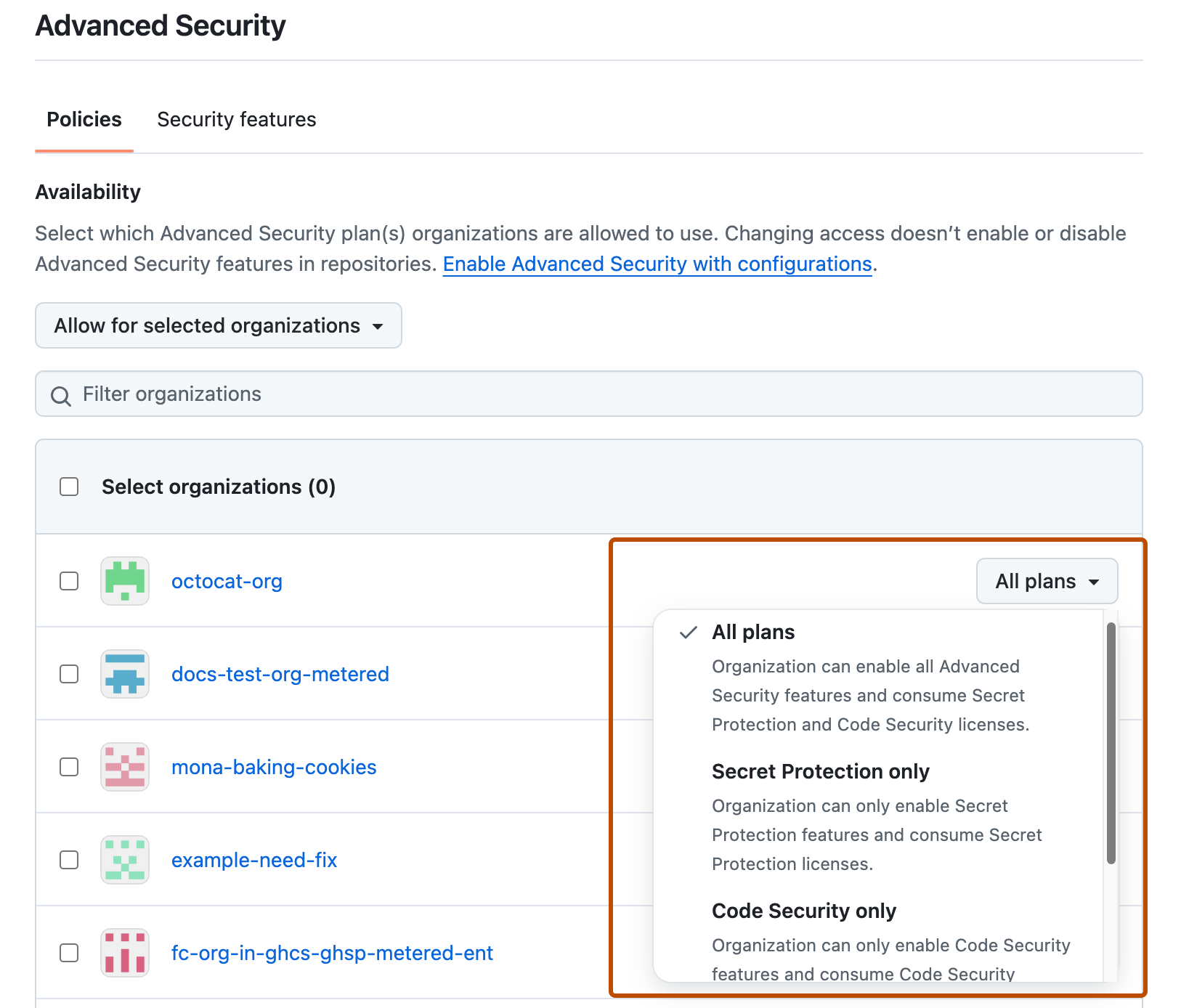 Screenshot of the dropdown menu to choose a Advanced Security policy for selected organizations in the enterprise. The dropdown is outlined.