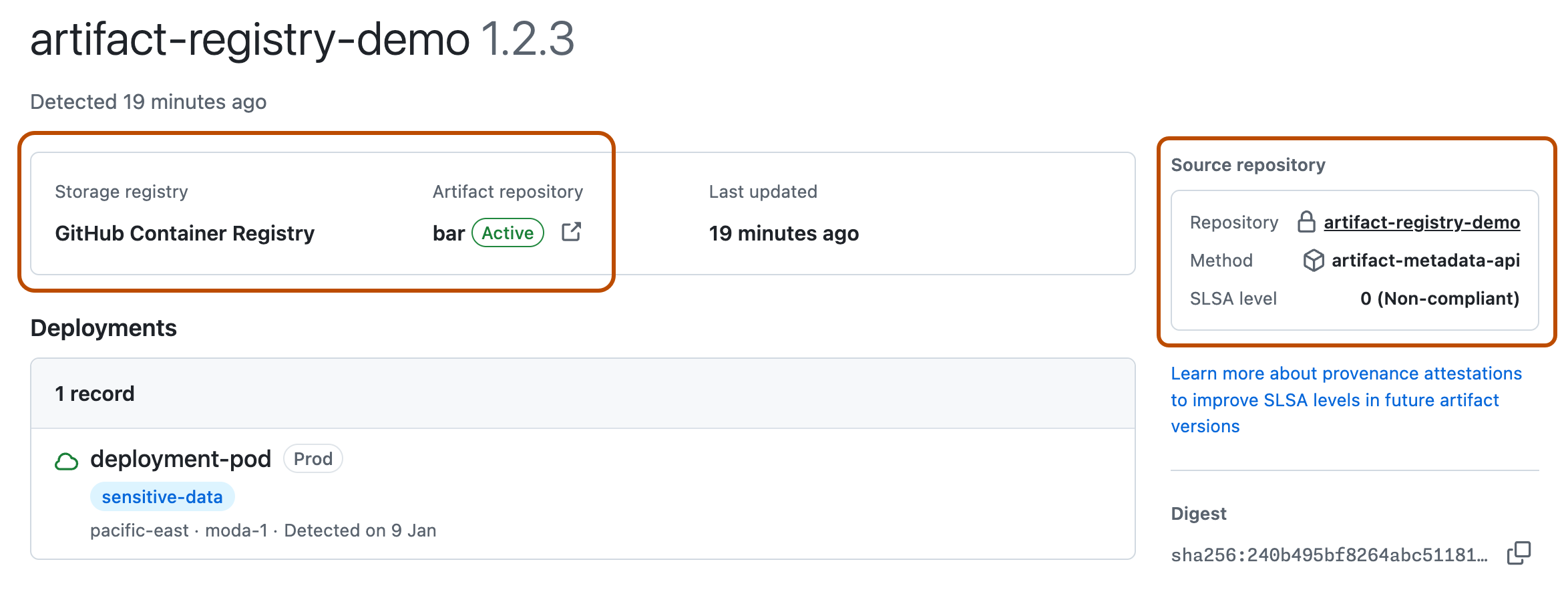 Screenshot of an artifact page. Highlighted fields: storage registry, artifact repository, source repository.