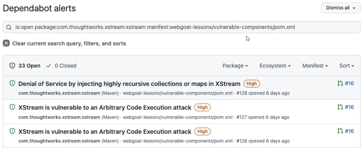 Screenshot of the Dependabot tab showing the filtered alerts from navigating to a legacy Dependabot alert.