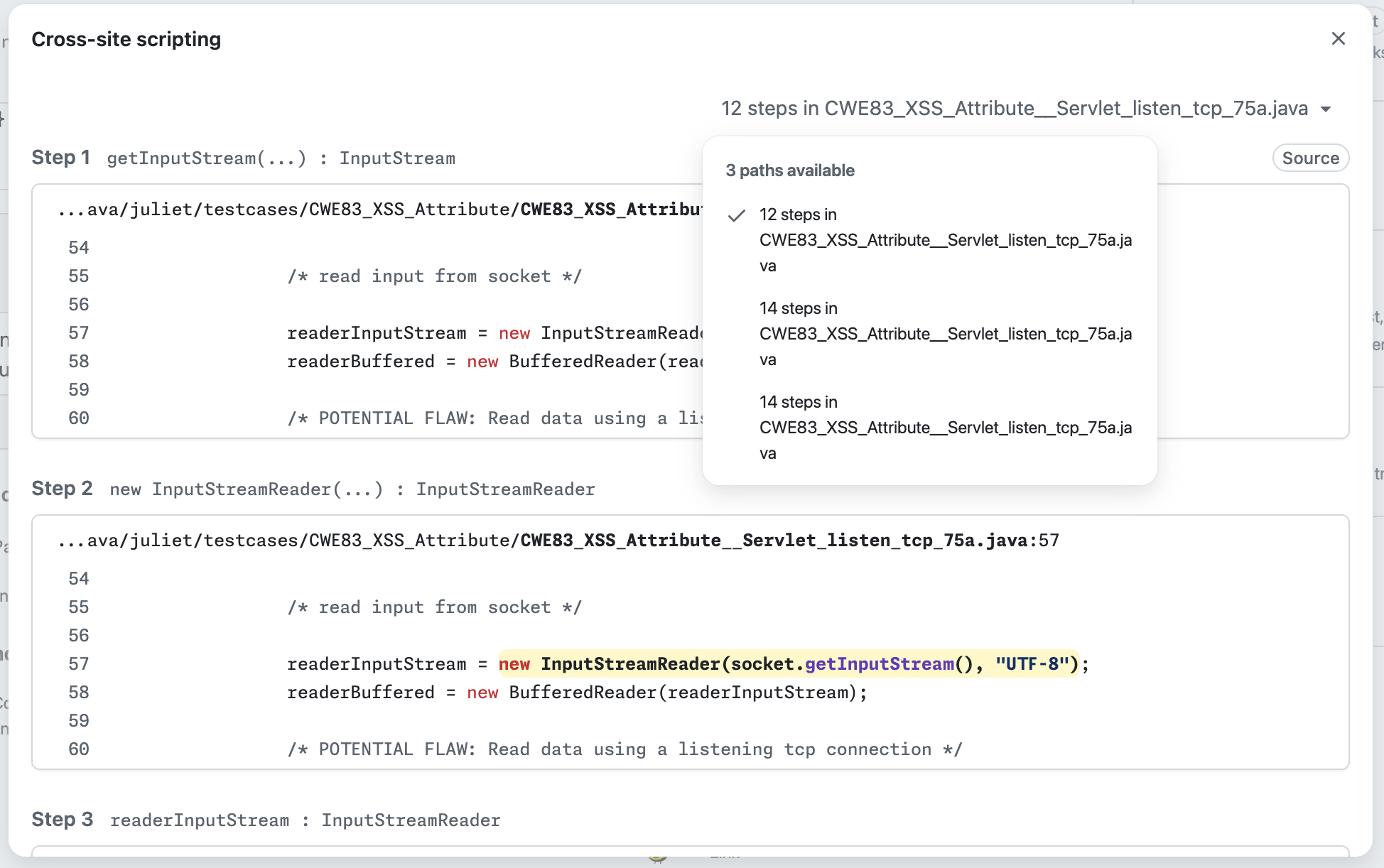 「3 paths available」と表示されたパスのドロップダウンを示す code scanning アラート詳細ページのスクリーンショット。