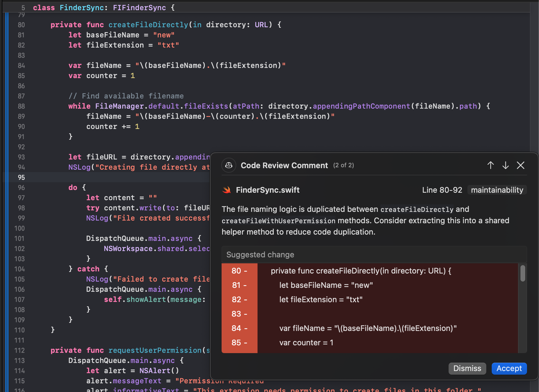 Screenshot of a Copilot code review review comment.