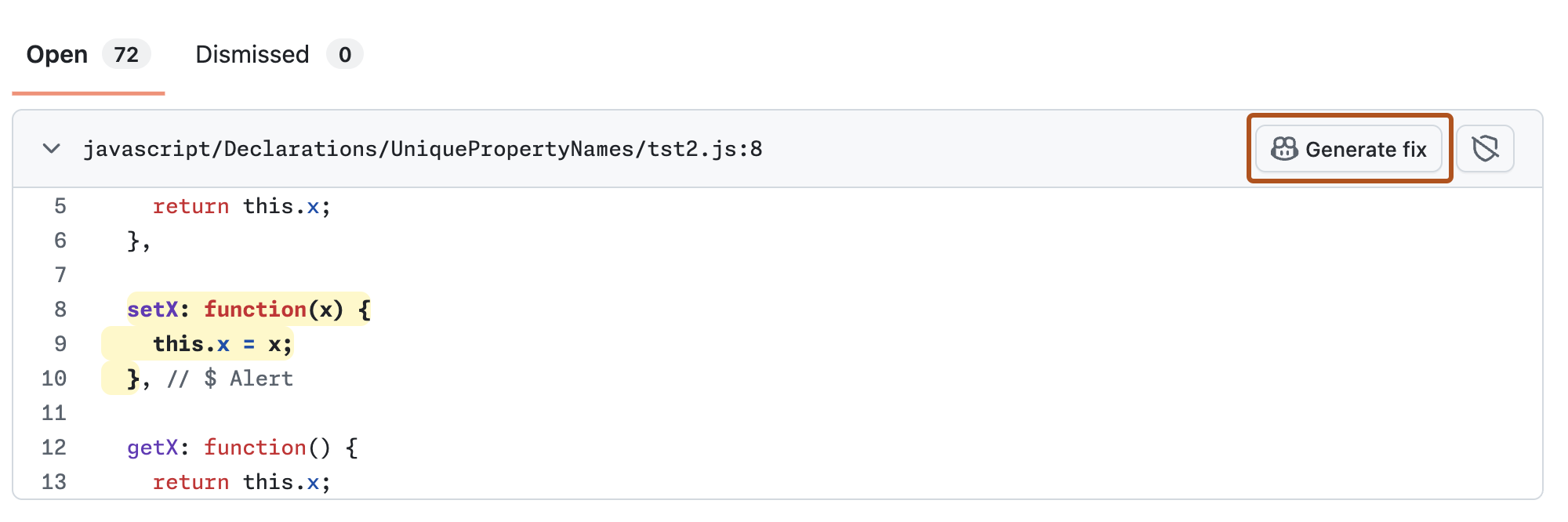 Screenshot of the "Generate fix" button.