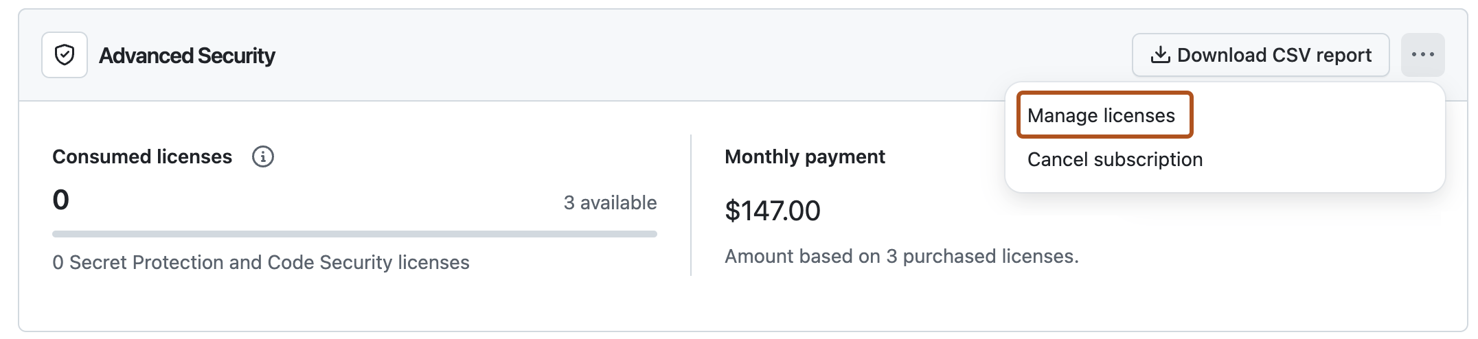 Screenshot of the Advanced Security licensing screen. The "Manage licenses" button is outlined in orange.