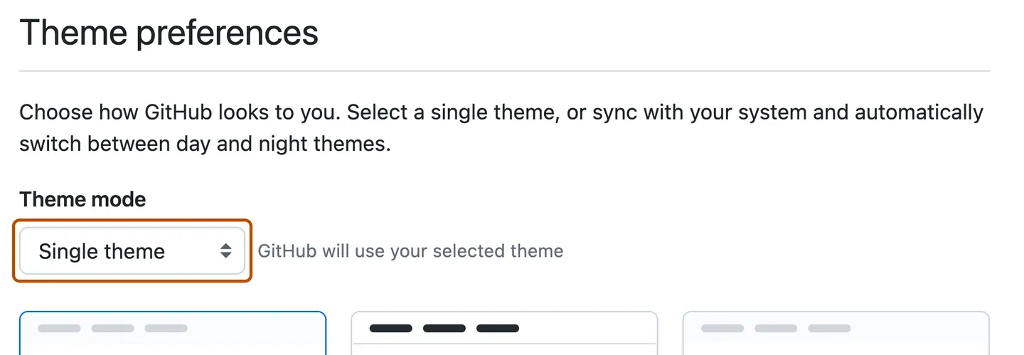 Screenshot of the "Theme mode" sub-section. A dropdown menu, labeled "Single theme," is highlighted with an orange outline.