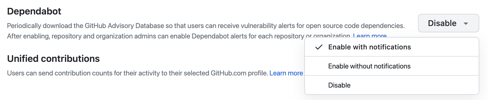 "Dependabot alerts의 '활성화' 드롭다운 메뉴 화면으로, 사용 가능한 옵션을 보여줍니다."