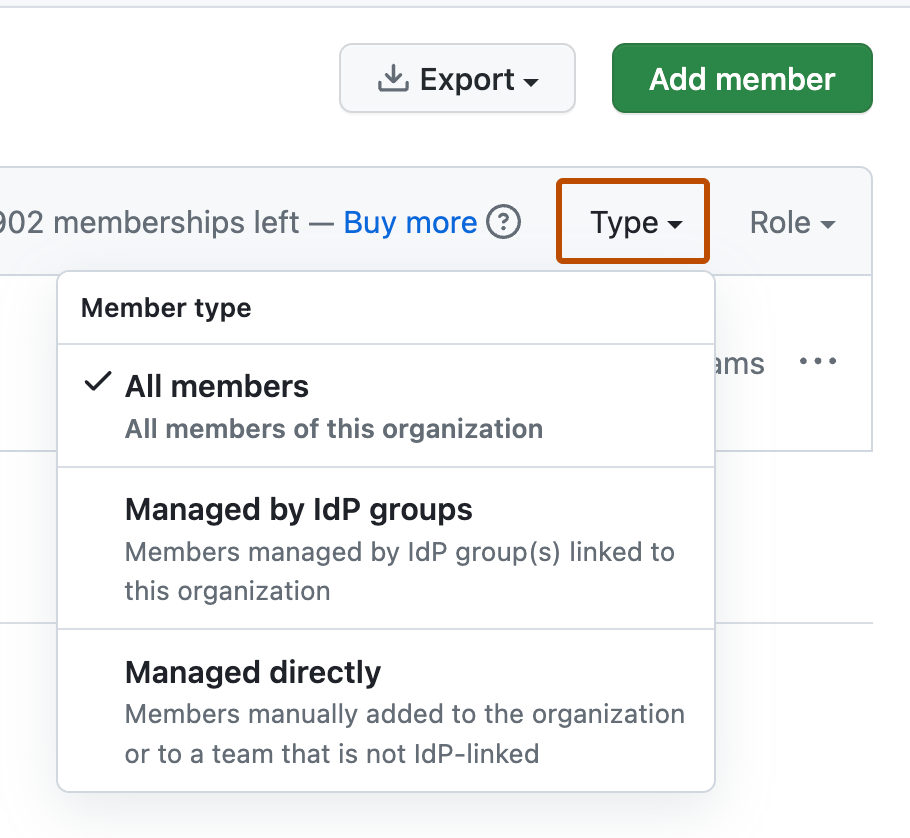 Screenshot of the list of members. A dropdown menu labeled "Type" is outlined and expanded.