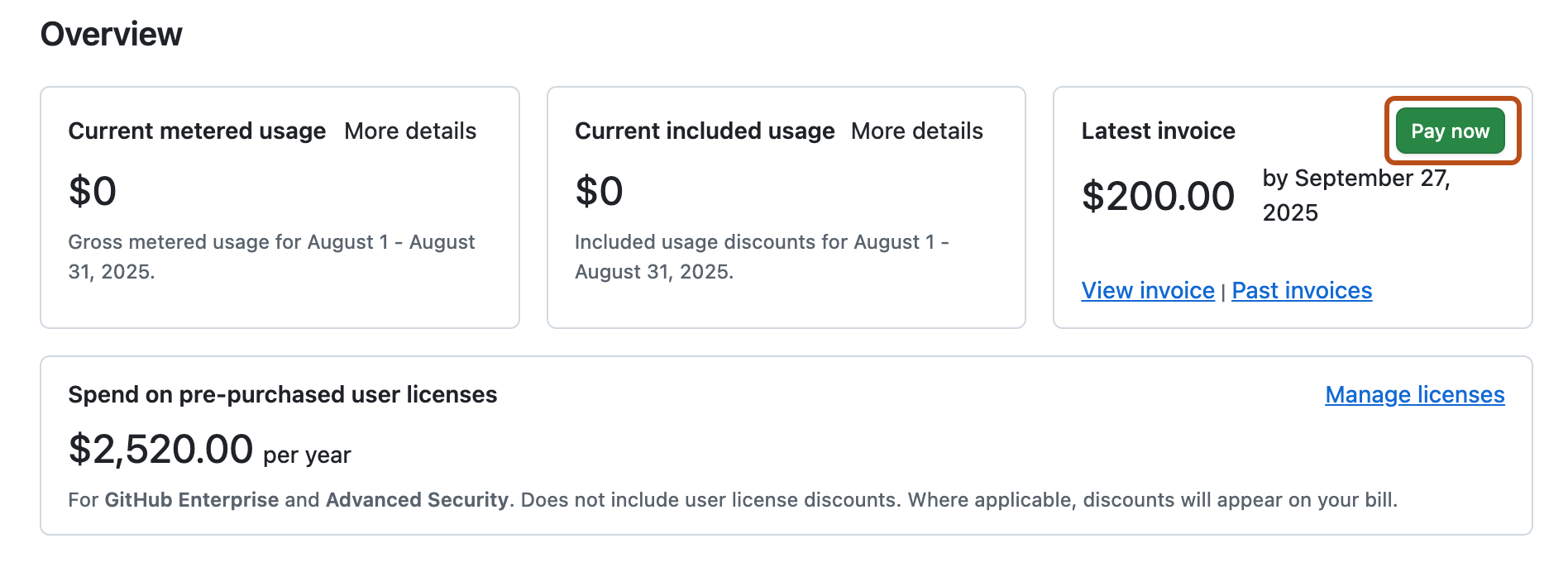 Screenshot of the Billing and licensing "Overview" page for an invoiced enterprise account. A button, labeled "Pay now", is outlined in orange.