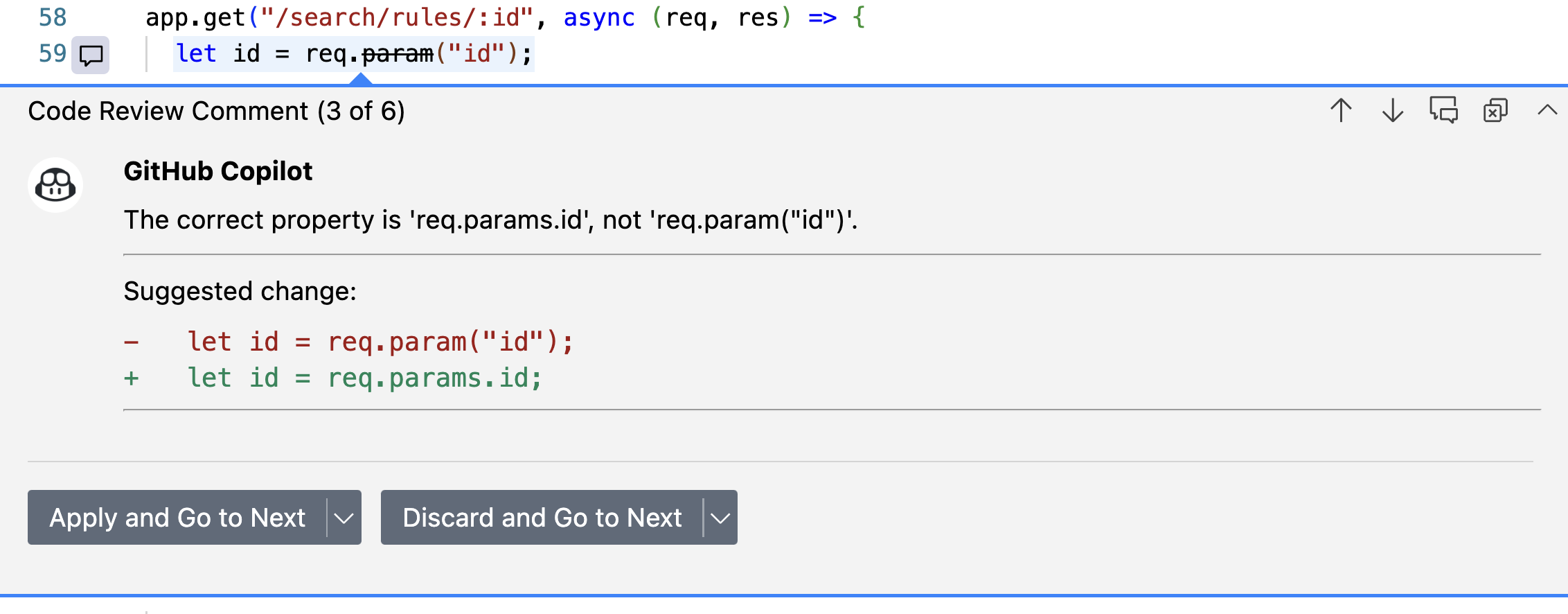Screenshot of a comment from Copilot in Visual Studio Code with a suggested change.