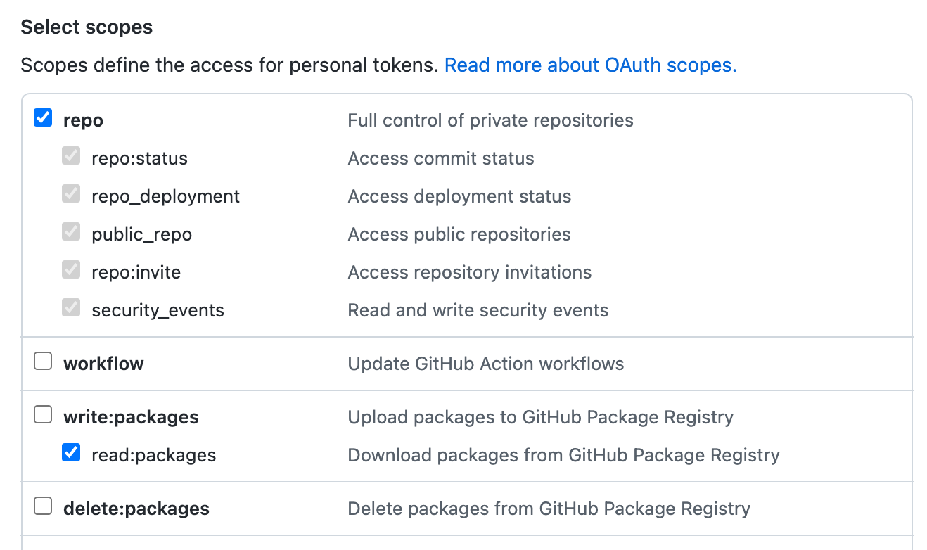 Screenshot der Konfigurationsoptionen „Scopes auswählen“ für ein personal access token (classic), dabei sind die Scopes „repo“ und „read:packages“ ausgewählt.