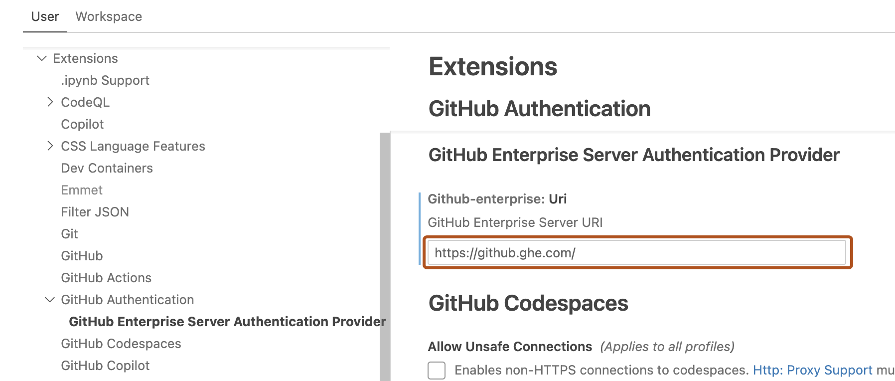 URI 필드가 진한 주황색 윤곽선으로 표시된 "GitHub 인증"의 "확장" 설정의 스크린샷