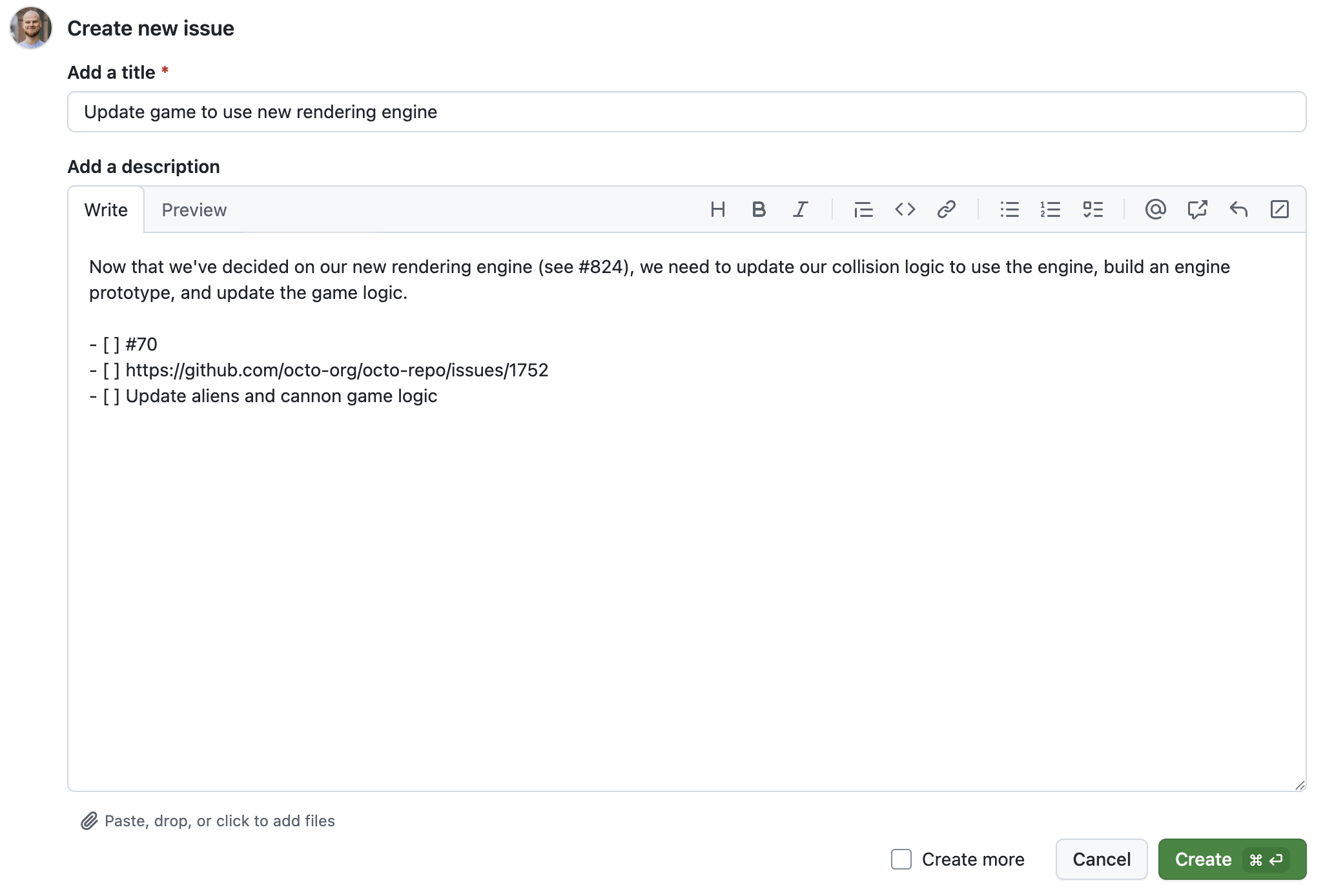 Screenshot of the new issue form, with the title and body filled in. The body includes the Markdown for a task list.