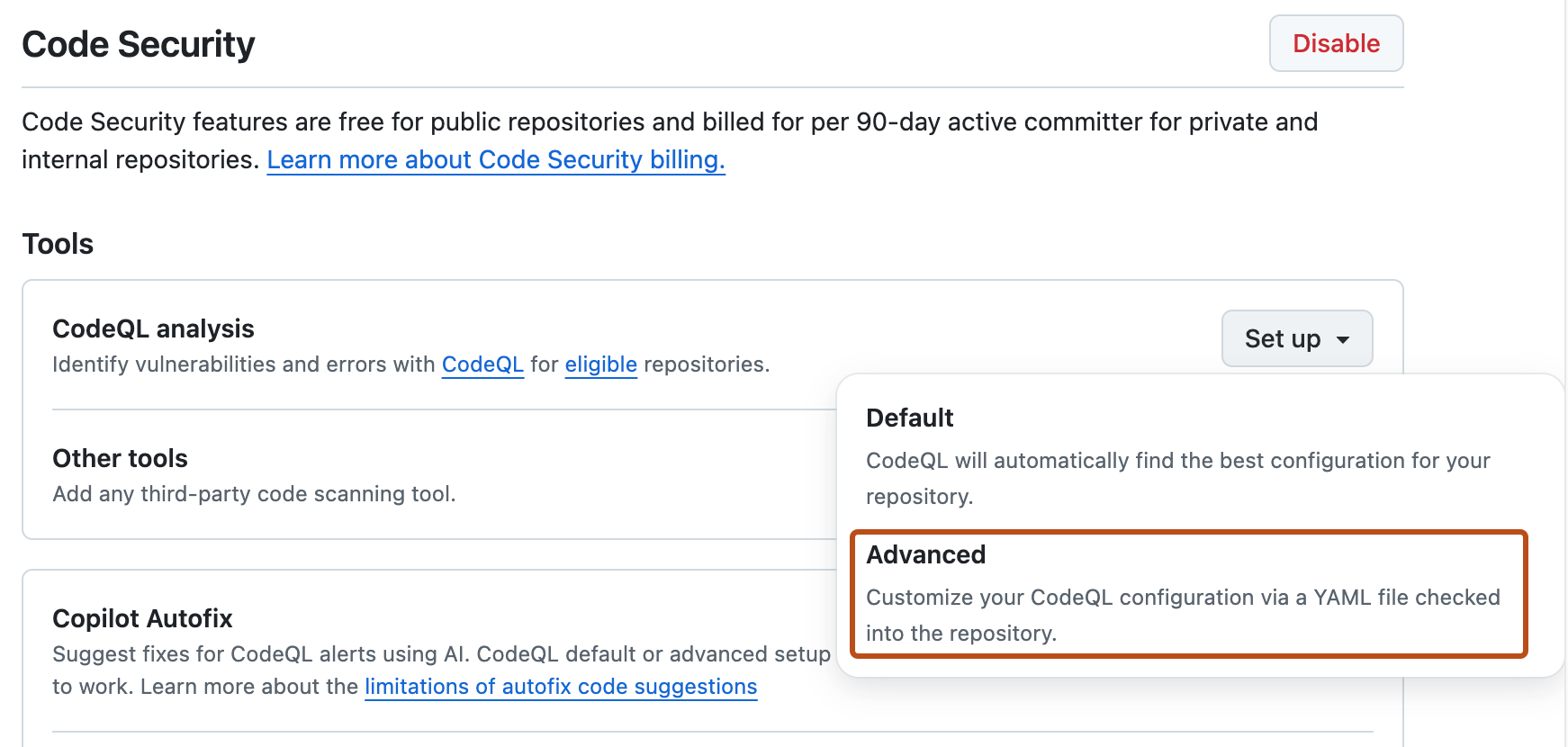 Снимок экрана: раздел "Code scanning" параметров "Code security". Кнопка "Расширенная настройка" выделена оранжевым контуром.
