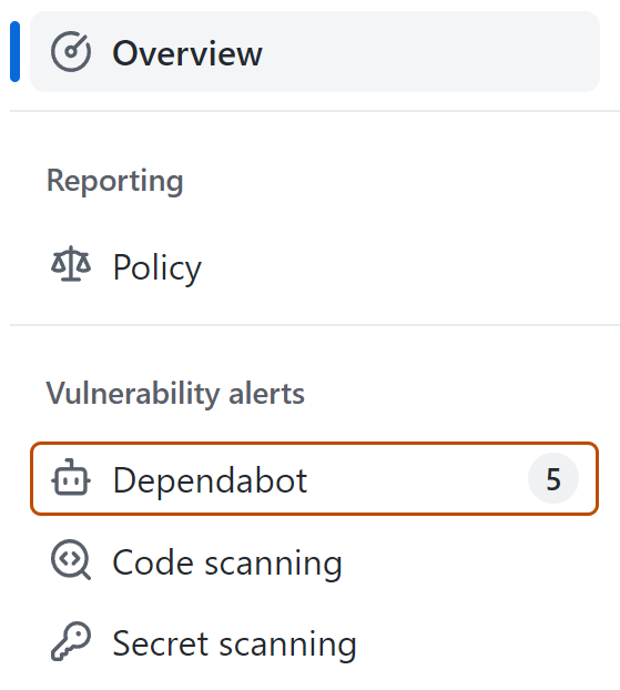 Screenshot der Sicherheitsübersicht mit hervorgehobener Registerkarte "Dependabot" mit dunkler orangefarbener Kontur.