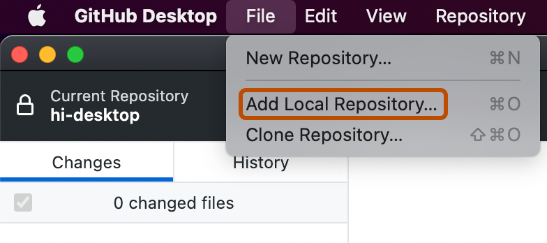 Screenshot der Menüleiste auf einem Mac. Das Dropdownmenü „File“ ist geöffnet, und die Option „Add Local Repository“ ist orange umrandet.
