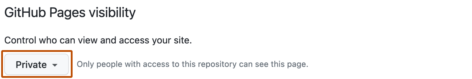 Captura de pantalla de la configuración de Páginas para un repositorio. La lista desplegable de visibilidad, actualmente configurada en "Privado", está delineada en naranja oscuro.