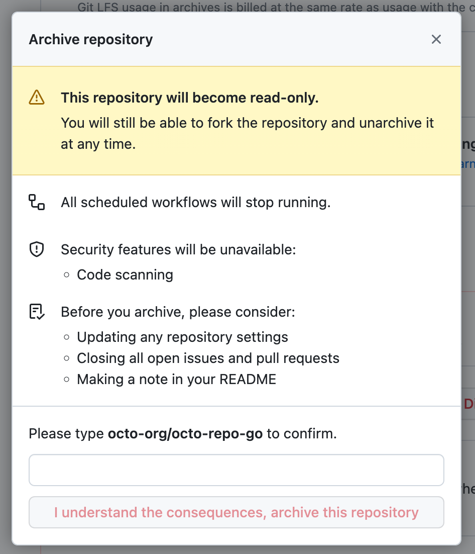 Screenshot, das das Dialogfeld "Repository archivieren" zeigt.
