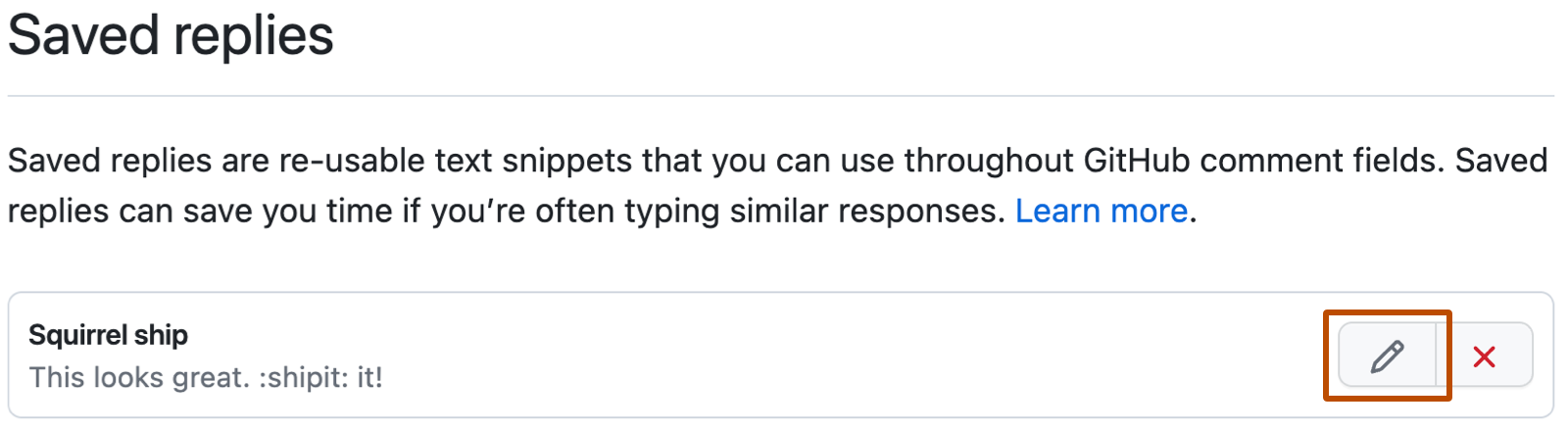 Capture d'écran des paramètres GitHub pour « Réponses enregistrées ». À droite de la réponse « Écureuil de navire », un bouton d'édition avec une icône de crayon est souligné en orange.